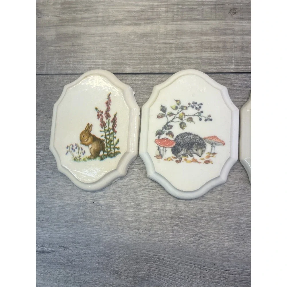 Animals Woodland Vintage 80s Small Plaque Decor Rabbit Fox Hedgehog Lot of 4